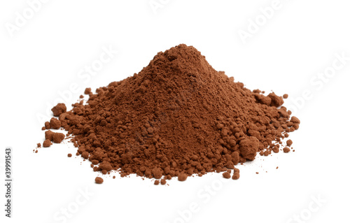 Cocoa powder heap or pile from top view or above isolated on white background	