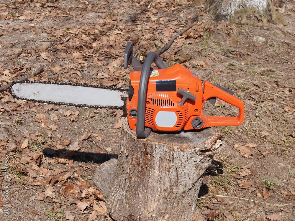 Orange chainsaw and woods
