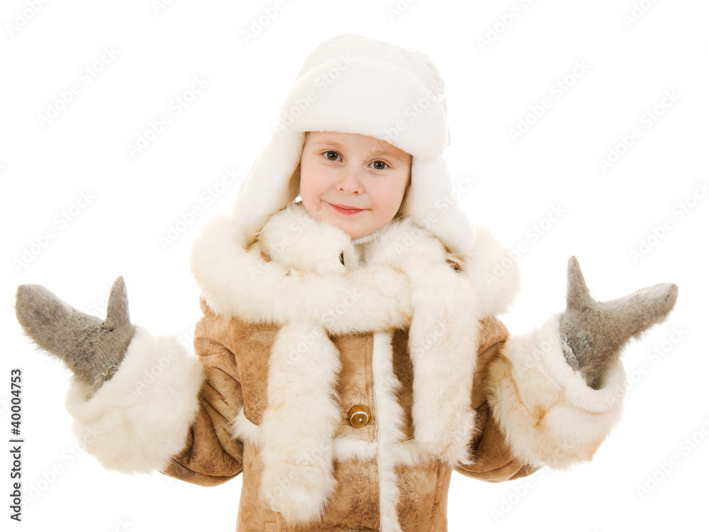 The girl in warm clothes shows his hands The girl in warm clothes shows his hands