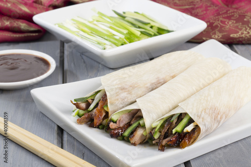 Peking Duck Wraps with spring onion, cucumber & hoisin sauce