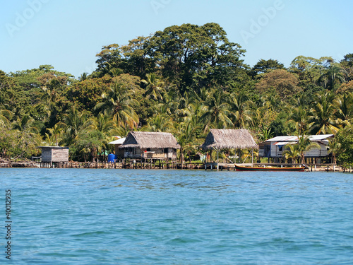 Rustic house with thatched hut over water and lush tropical vegetation on the Caribbean coast  Bocas del Toro  Panama  Central America