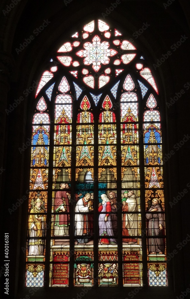 The colorful stained glass in the cathedral of Brussels