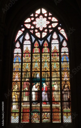 The colorful stained glass in the cathedral of Brussels