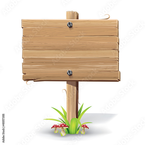 Wooden sign on a grass with mushrooms. vector illustration