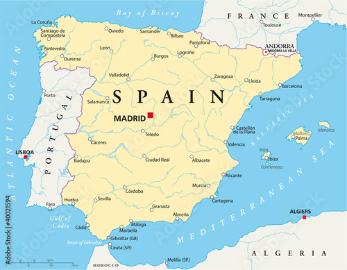 Spain political map with the capital Madrid, national borders, most important cities, rivers and lakes. English labeling and scale. Illustration on white background. Vector. photo