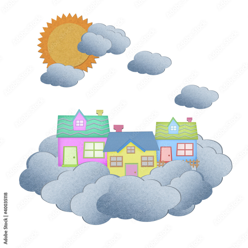 house from recycle paper on a cloud over the sky with sun house from recycle paper on a cloud over the sky with sun