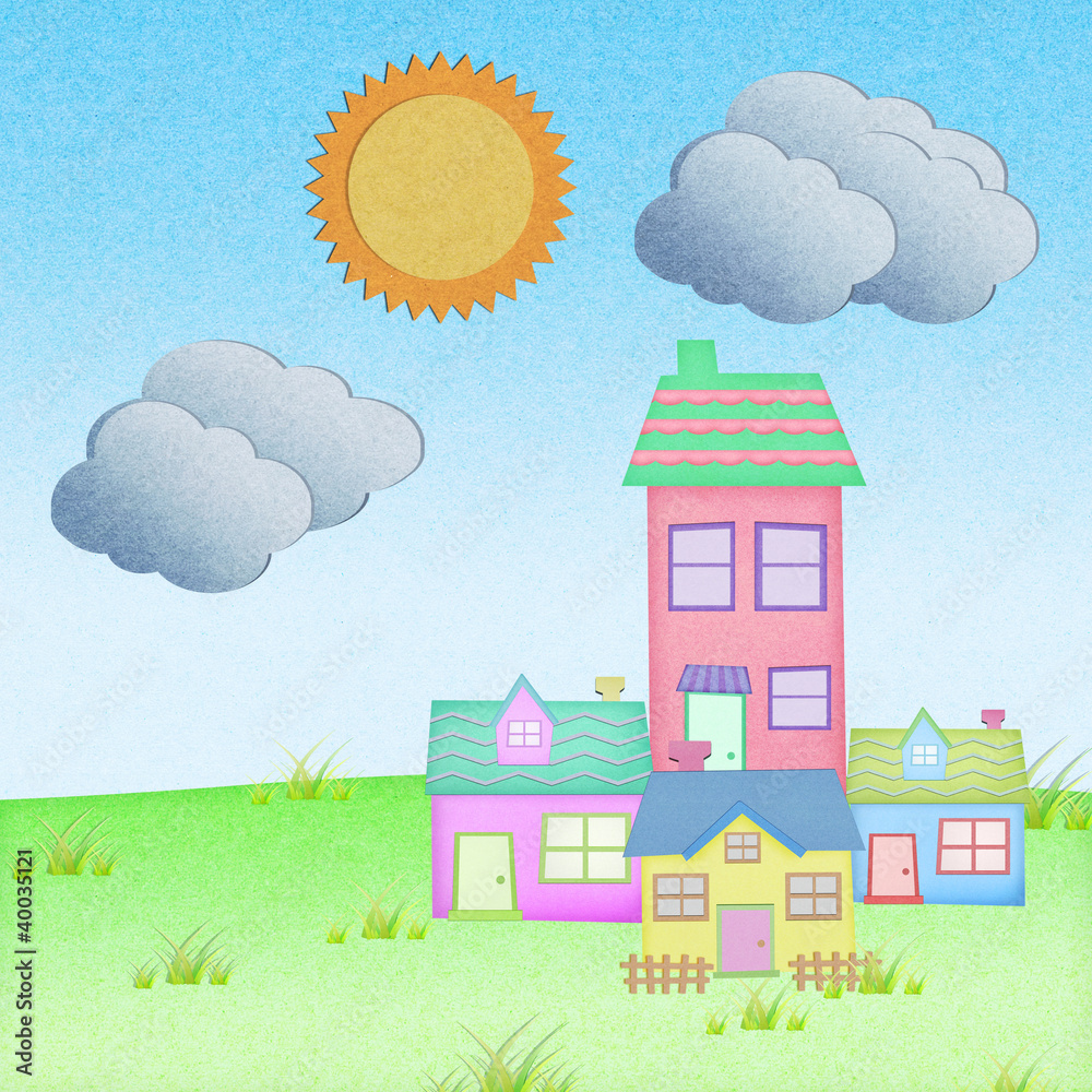 house from recycle paper with grass field with sun and cloud house from recycle paper with grass field with sun and cloud