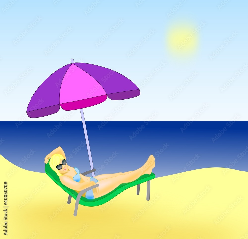 Girl sunbathing on the beach under a   parasol.