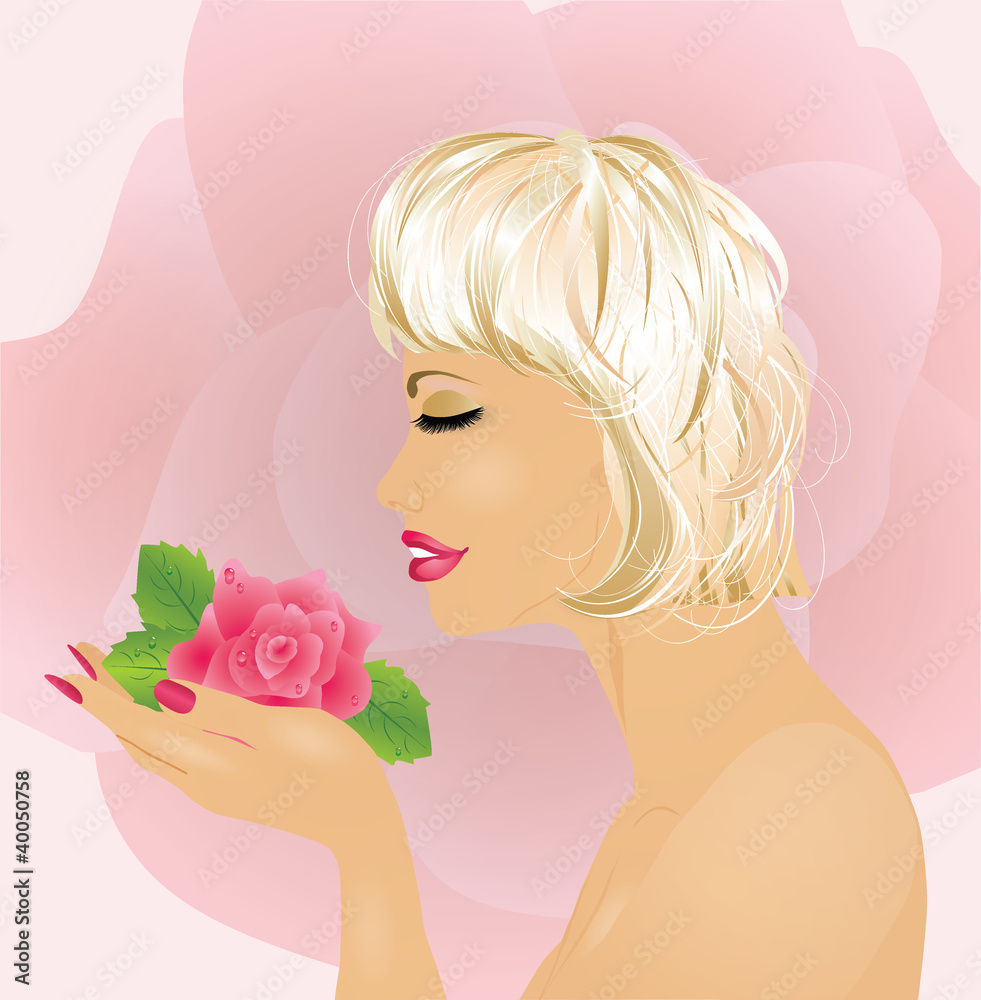 Beautiful girl with rose, vecor illustration