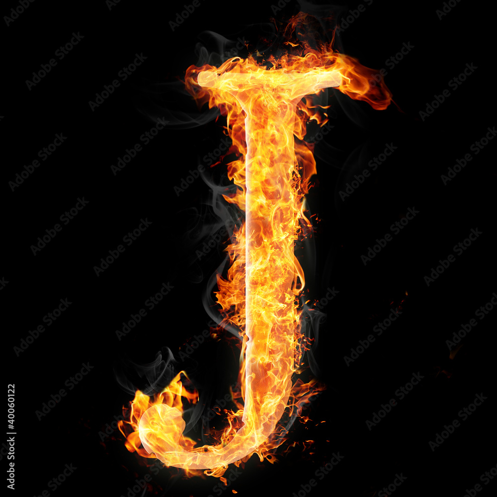 Fototapeta premium Fonts and symbols in fire on black - J