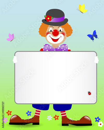 Ginger clown with a banner.