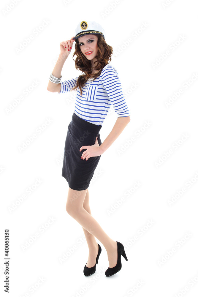 Fototapeta premium young model posing in sailor clothes posing over white