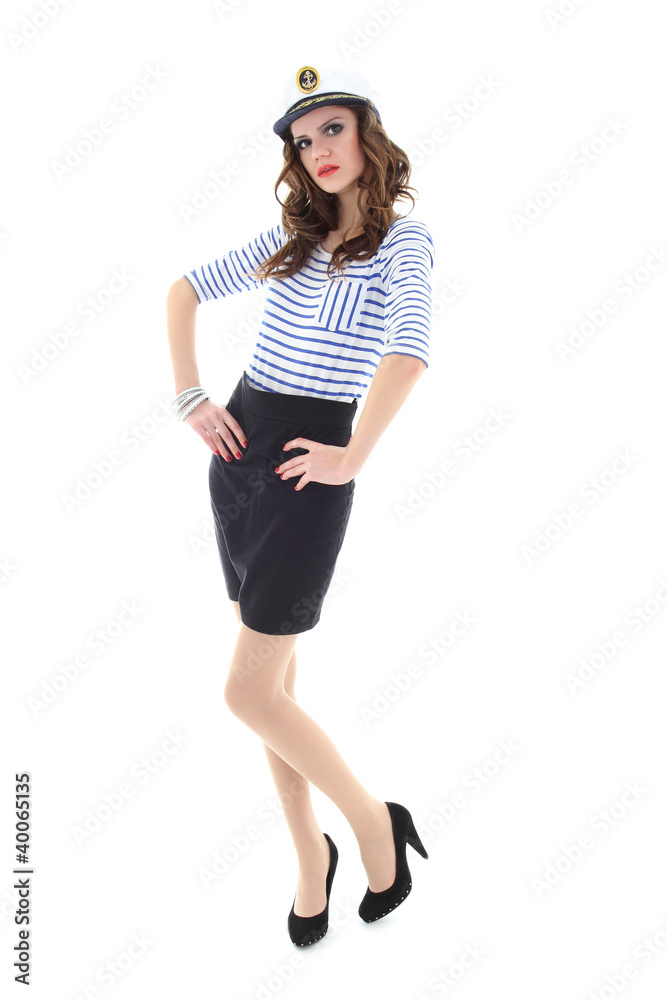 model posing in sailor clothes standing over white model posing in sailor clothes standing over white