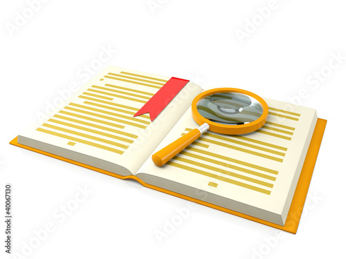 3d illustration: books on the table a magnifying glass