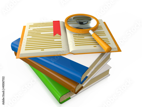 3d illustration: a group of books on the table a magnifying glas