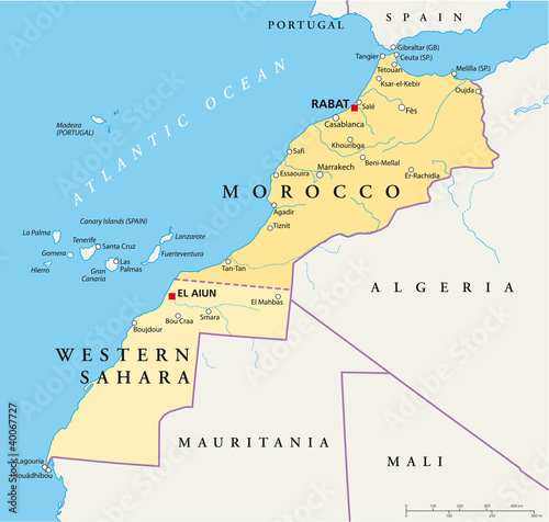 Morocco and Western Sahara political map with the capitals Rabat and El Aiun, with national borders, most important cities, rivers and lakes. Illustration with English labeling and scale. Vector.