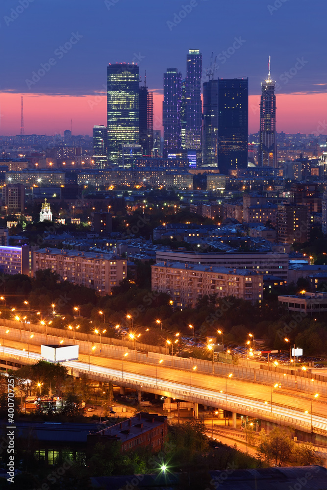 Obraz premium Buildings of Moscow City complex of skyscrapers at evening