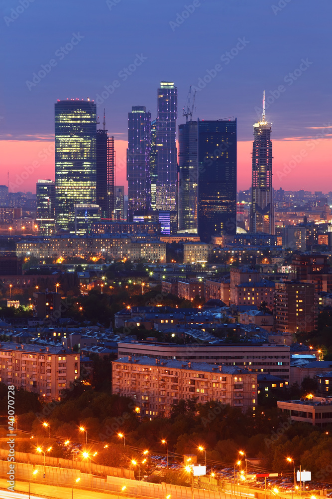 Buildings of Moscow City complex of skyscrapers at evening