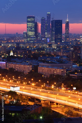Buildings of Moscow City complex of skyscrapers at evening