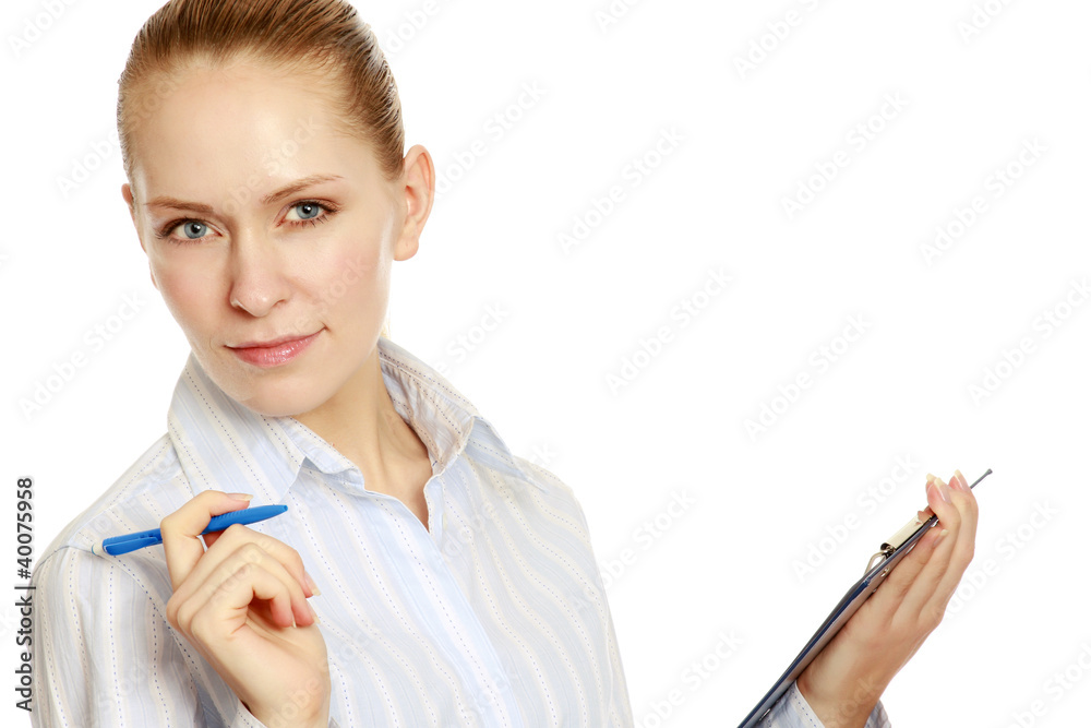 A businesswoman with a pen and a folder, isolated on white A businesswoman with a pen and a folder, isolated on white