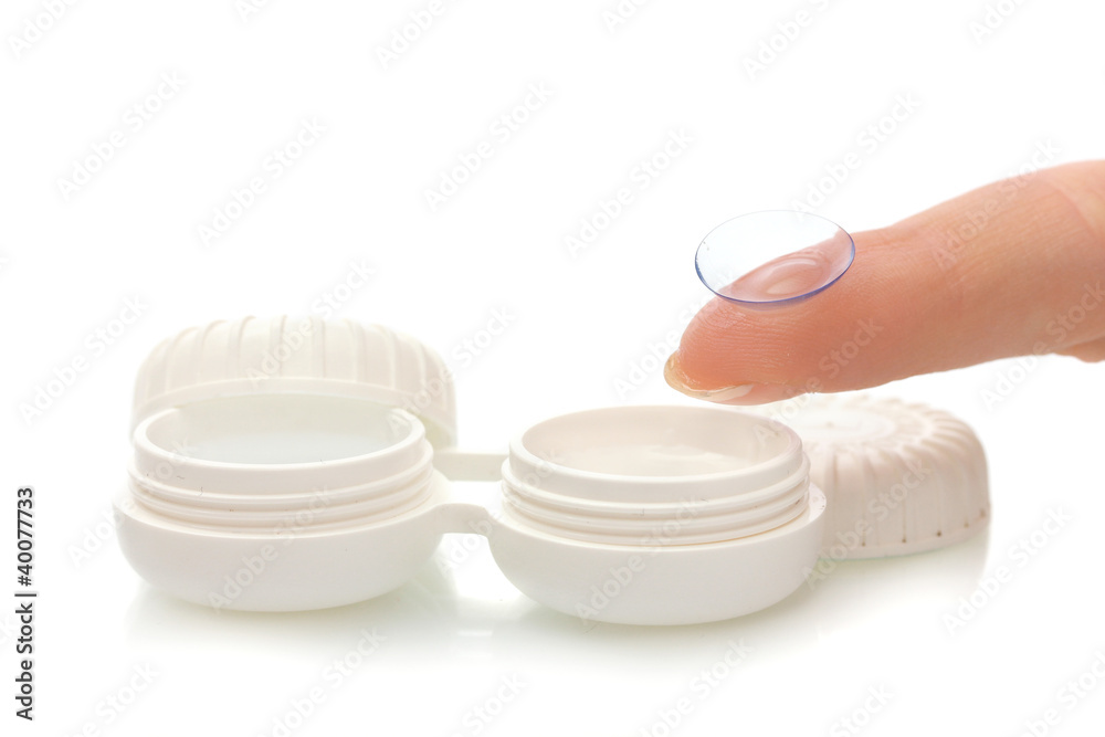contact lens on finger and case isolated on white contact lens on finger and case isolated on white