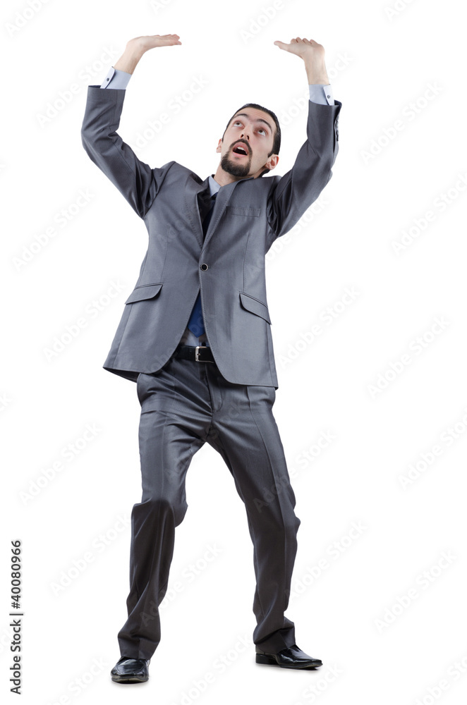 Businessman pushing away virtual obstacles Businessman pushing away virtual obstacles