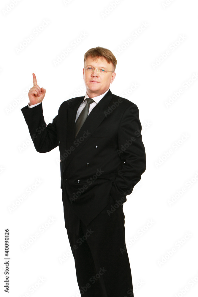 Man showing something on his hand , isolated on white background