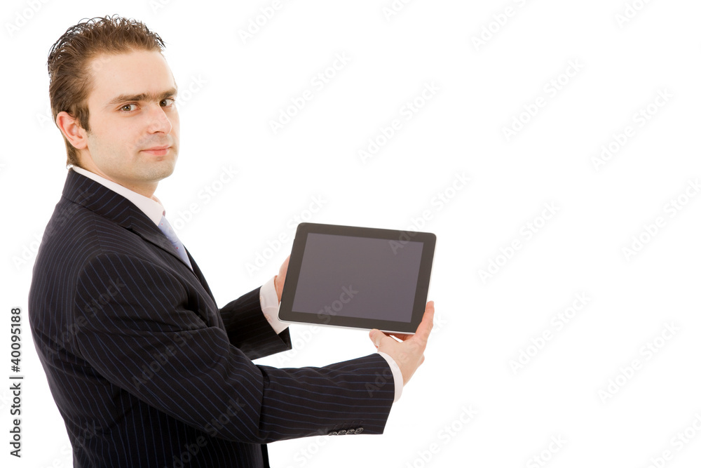Young business man with tablet pc. Isolated over white backgroun Young business man with tablet pc. Isolated over white backgroun