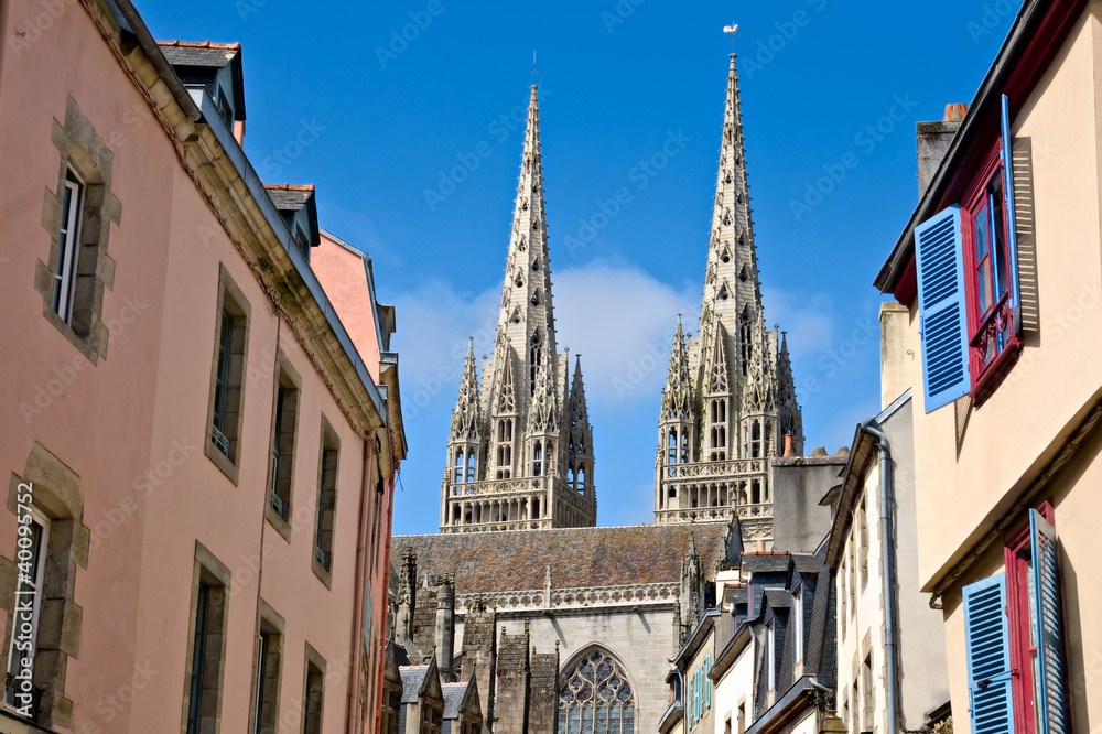 Quimper, cathedral and timbered houses in Brittany, France
