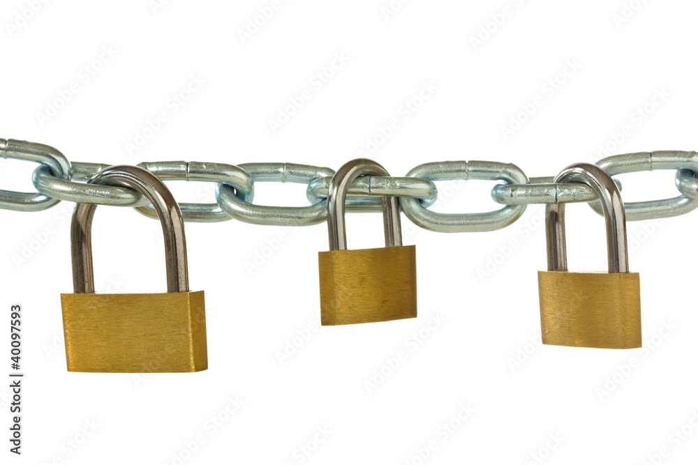 three padlocks hung on metal chain three padlocks hung on metal chain