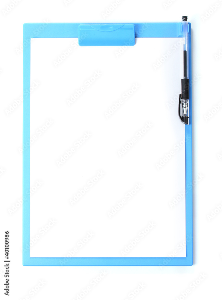 Clipboard with blank paper and pen isolated on white