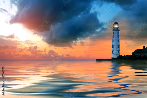 Beautiful nightly seascape with lighthouse