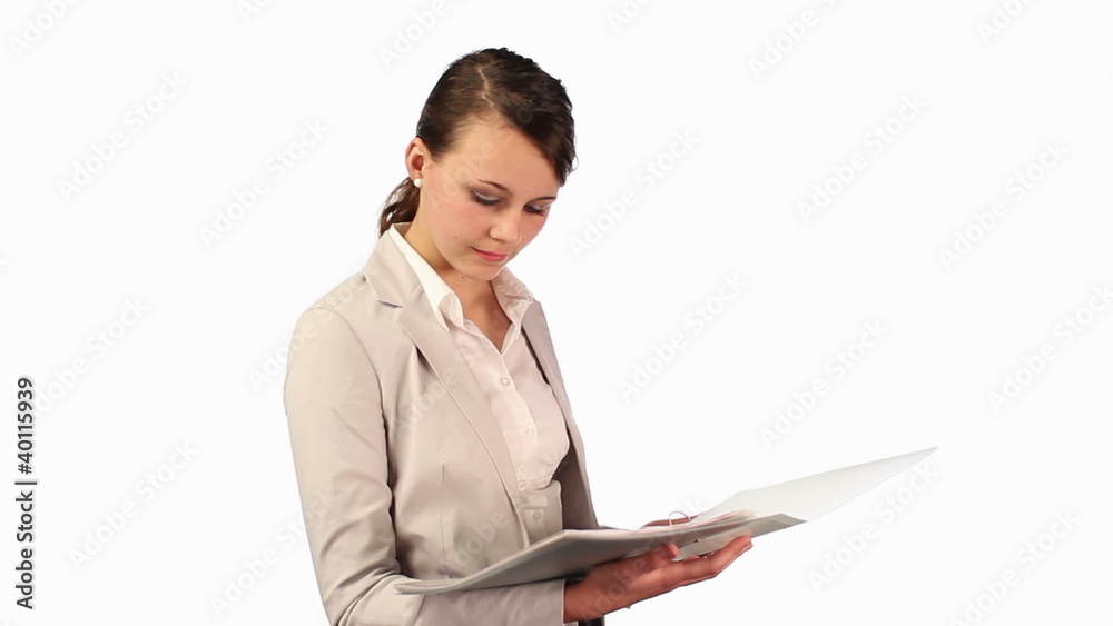Young businesswoman reading documents and smile, Young businesswoman reading documents and smile,