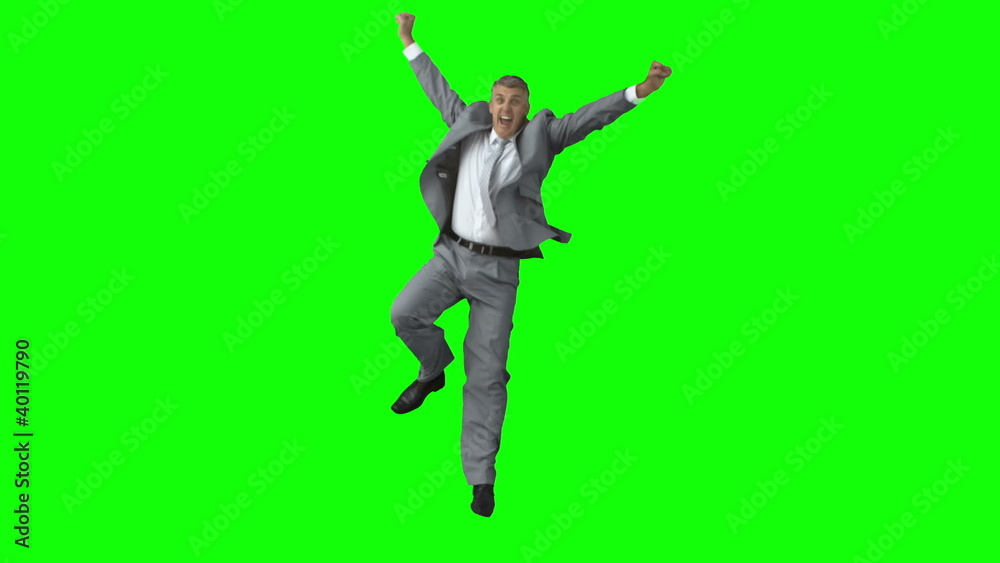 Excited man in slow motion jumping