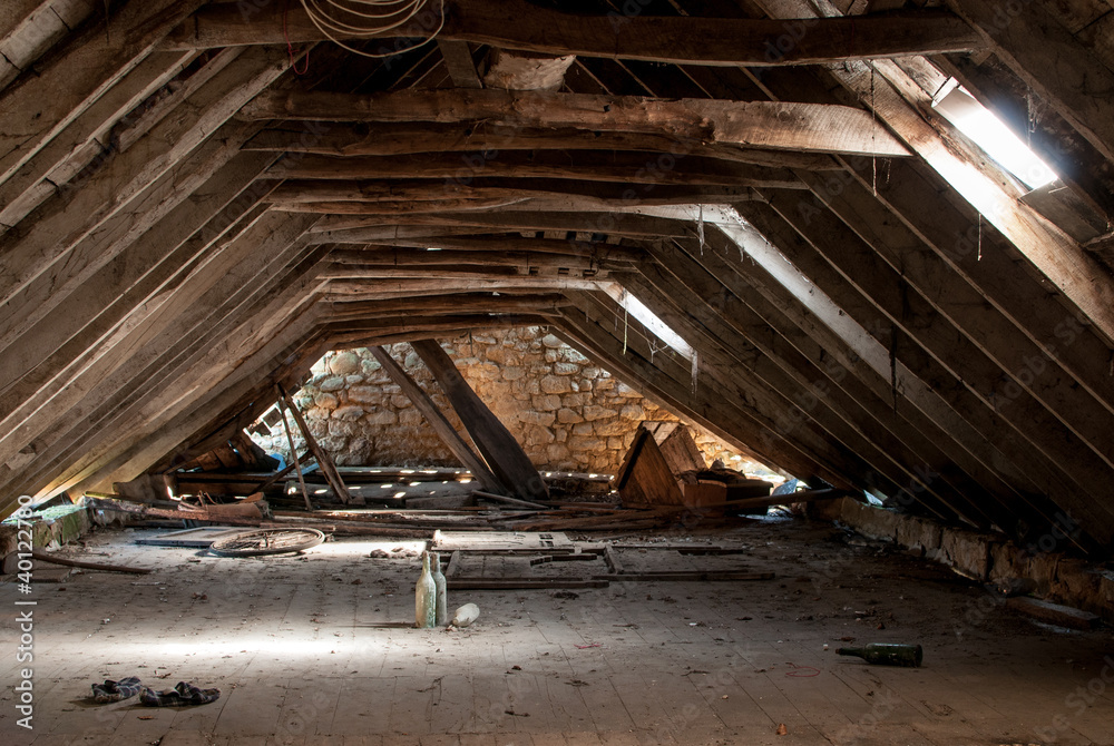 dilapidated attic - obrazy, fototapety, plakaty 