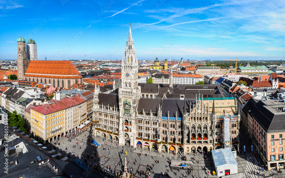 The aerial view of Munich city center from the tower of the Pete