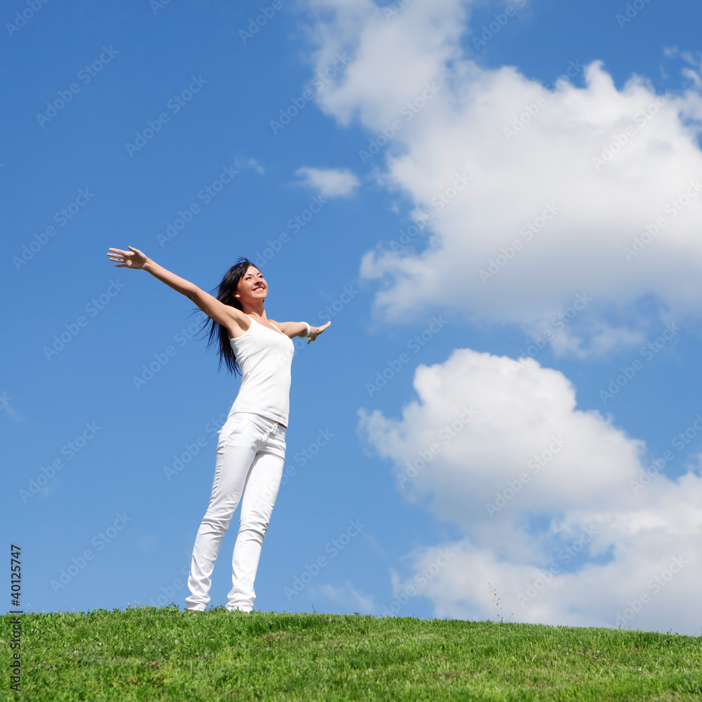 happy young woman dreams to fly on winds happy young woman dreams to fly on winds