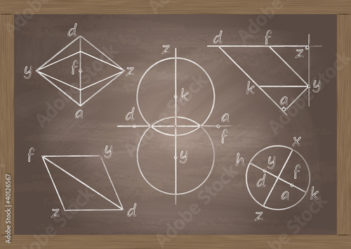 Math classroom chalkboard with geometrical figures