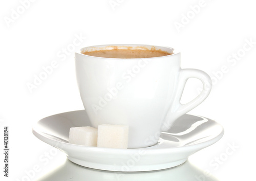 cup of coffee and sugar isolated on white