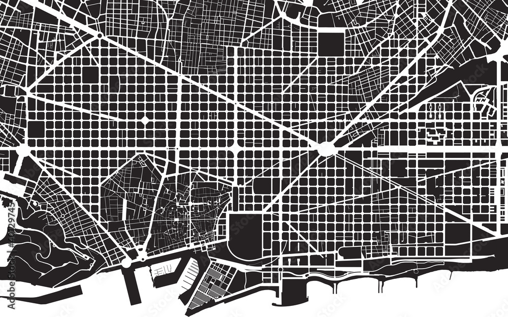 Fotografie, Obraz Barcelona black white city plan - street texture