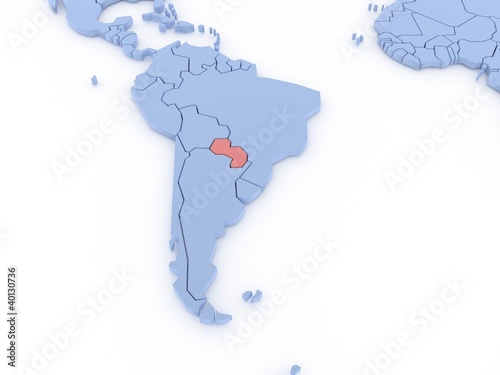 Three-dimensional map of Paraguay isolated on background. 3d