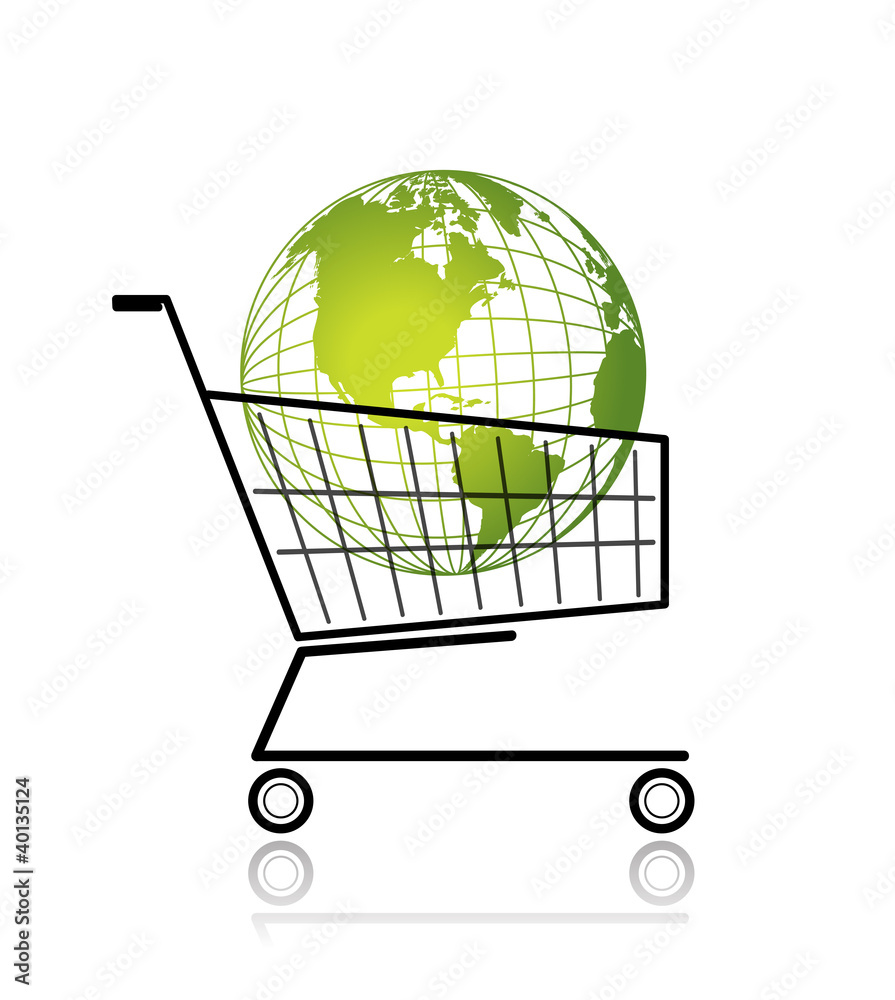 Green globe in shopping cart for your design Green globe in shopping cart for your design