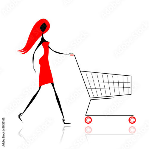 Woman with shopping cart for your design