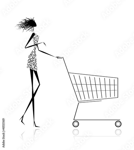 Woman with shopping cart for your design
