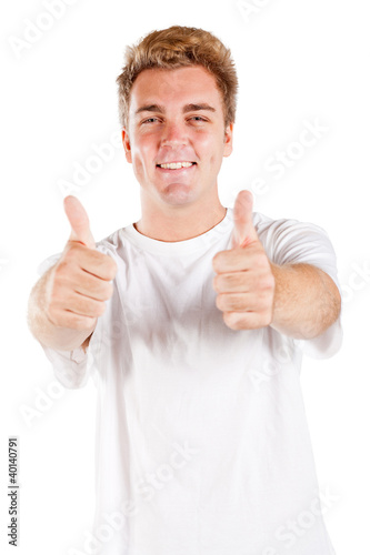 young man thumbs up isolated on white background, © michaeljung