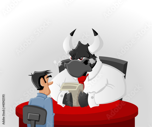 Cartoon man with his angry bull boss in office