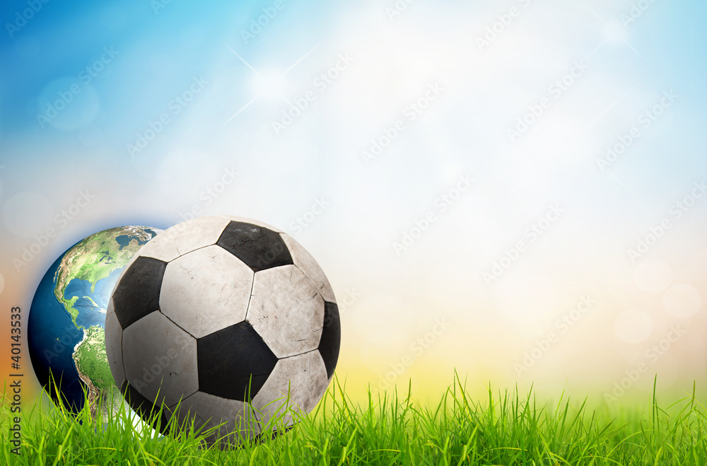 Fototapeta premium soccer ball and earth on green grass