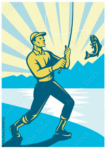Fisherman Fly  Fishing Catching Retro