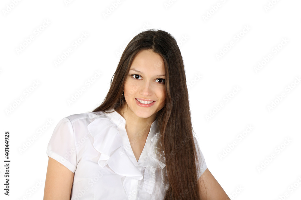 happy girl wearing white shirt smiles isolated on white backgrou happy girl wearing white shirt smiles isolated on white backgrou