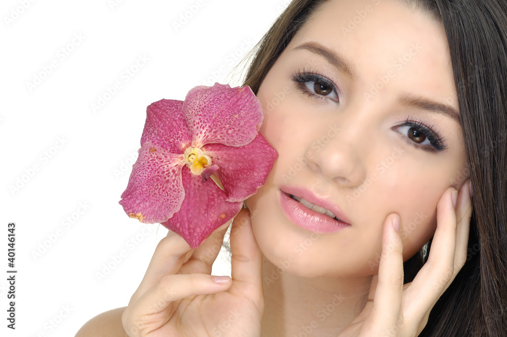 Young girl holding bouquet orchid flower in her hands Young girl holding bouquet orchid flower in her hands